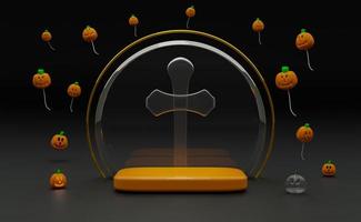 podio y calabaza de globo con cruz de cristal para feliz halloween, exhibición de escenario moderno y maqueta minimalista, fondo de escaparate abstracto, ilustración conceptual 3d o renderizado 3d foto