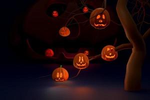 Scared Jack O Lantern and candle light in pumpkin in cemetery for happy halloween ,Concept 3d illustration or 3d render photo