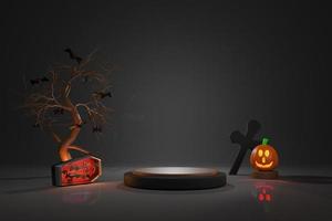 podium and candle light in pumpkin with transparent glass coffin for happy halloween ,Concept 3d illustration or 3d render photo