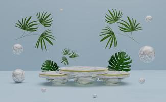 Podium empty with geometric shapes  in sky blue pastel composition for modern stage display and minimalist mockup ,abstract showcase background ,Concept 3d illustration or 3d render photo