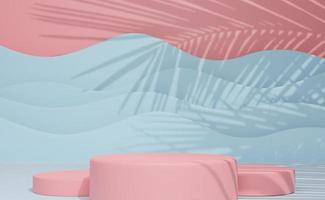 Podium empty with geometric shapes in sky blue and pink pastel composition for modern stage display and minimalist mockup ,abstract showcase background ,Concept 3d illustration or 3d render photo
