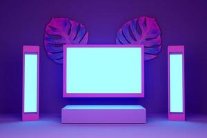 Podium with geometric shapes empty in purple or violet composition for modern stage display and minimalist mockup ,abstract showcase background ,Concept 3d illustration or 3d render photo