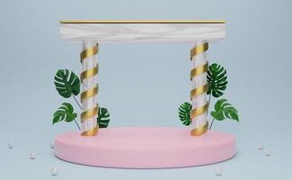 Podium empty with geometric shapes  in sky blue pastel composition for modern stage display and minimalist mockup ,abstract showcase background ,Concept 3d illustration or 3d render photo