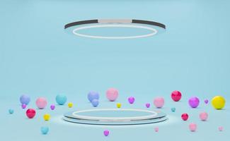 Podium empty with geometric shapes and colorful balls in sky blue pastel composition for modern stage display and minimalist mockup ,abstract showcase background ,Concept 3d illustration or 3d render photo