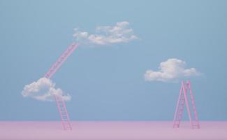 escalera o escalera de tijera y nube con sala de composición pastel azul cielo, maqueta minimalista, fondo de escaparate abstracto, ilustración conceptual 3d o presentación 3d foto