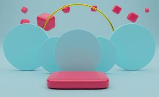 Podium empty with colorful geometric shapes  in sky blue pastel composition for modern stage display and minimalist mockup ,abstract showcase background ,Concept 3d illustration or 3d render photo