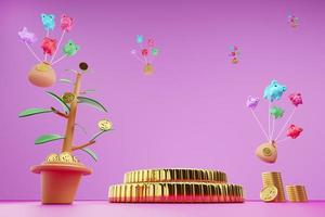 moneda de dólar de podio de oro con alcancía de globo y bolsa de dinero y maceta de árbol sobre fondo rosa, ilustración conceptual 3d o presentación 3d foto