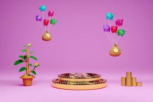 moneda de dólar de podio de oro con alcancía de globo y bolsa de dinero y maceta de árbol sobre fondo rosa, ilustración conceptual 3d o presentación 3d foto