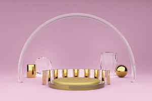 Podium with geometric shapes empty in pink composition for modern stage display and minimalist mockup ,abstract showcase background ,Concept 3d illustration or 3d render photo