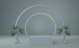podio vacío con formas geométricas en composición gris pastel para exhibición de escenario moderno y maqueta minimalista, fondo de escaparate abstracto, ilustración conceptual 3d o renderizado 3d foto