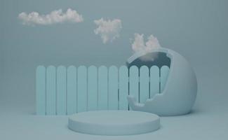 podio vacío con formas geométricas y nubes en composición pastel azul cielo para exhibición de escenario moderno y maqueta minimalista, fondo de escaparate abstracto, ilustración conceptual 3d o renderizado 3d foto