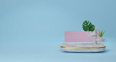 Podium empty with geometric shapes  in sky blue pastel composition for modern stage display and minimalist mockup ,abstract showcase background ,Concept 3d illustration or 3d render photo
