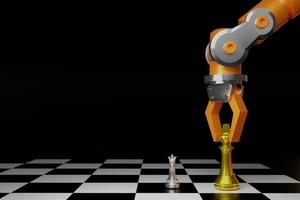 robot arm with chess pieces and board  on black background ,3d rendering photo