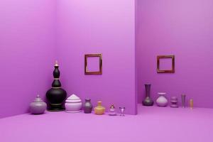 geometric shapes empty and pottery in purple or violet composition for modern stage display and minimalist mockup ,abstract showcase background ,Concept 3d illustration or 3d render photo