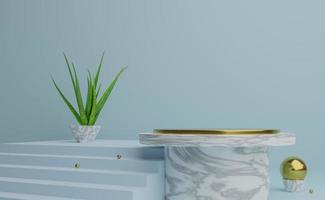 Podium empty with geometric shapes  in sky blue pastel composition for modern stage display and minimalist mockup ,abstract showcase background ,Concept 3d illustration or 3d render photo
