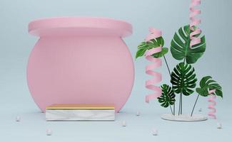 Podium empty with geometric shapes  in sky blue pastel composition for modern stage display and minimalist mockup ,abstract showcase background ,Concept 3d illustration or 3d render photo