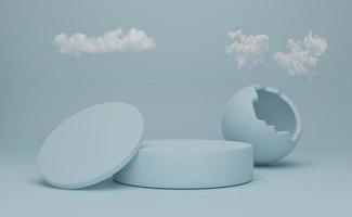 Podium empty with geometric shapes and cloud in sky blue pastel composition for modern stage display and minimalist mockup ,abstract showcase background ,Concept 3d illustration or 3d render photo