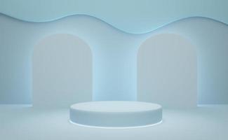 Podium empty with geometric shapes  in sky blue pastel composition for modern stage display and minimalist mockup ,abstract showcase background ,Concept 3d illustration or 3d render photo