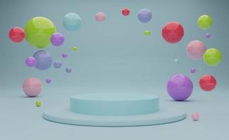 Podium empty with geometric shapes and colorful balls in sky blue pastel composition for modern stage display and minimalist mockup ,abstract showcase background ,Concept 3d illustration or 3d render photo