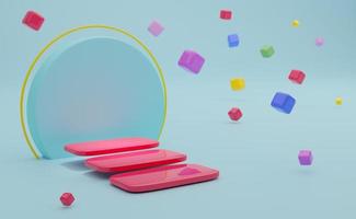 Podium empty with colorful geometric shapes  in sky blue pastel composition for modern stage display and minimalist mockup ,abstract showcase background ,Concept 3d illustration or 3d render photo