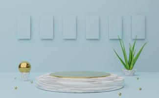 Podium empty with geometric shapes  in sky blue pastel composition for modern stage display and minimalist mockup ,abstract showcase background ,Concept 3d illustration or 3d render photo
