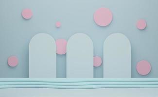 Podium empty with geometric shapes  in sky blue pastel composition for modern stage display and minimalist mockup ,abstract showcase background ,Concept 3d illustration or 3d render photo