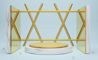 Podium empty with geometric shapes  in sky blue pastel composition for modern stage display and minimalist mockup ,abstract showcase background ,Concept 3d illustration or 3d render photo