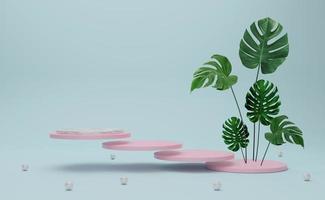 podio vacío con formas geométricas en composición pastel azul cielo para exhibición de escenario moderno y maqueta minimalista, fondo de escaparate abstracto, ilustración conceptual 3d o renderizado 3d foto