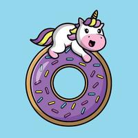 lindo unicornio en la ilustración de icono de vector de dibujos animados de donut. concepto de icono de comida animal vector premium aislado.