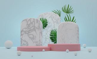 Podium empty with geometric shapes  in sky blue pastel composition for modern stage display and minimalist mockup ,abstract showcase background ,Concept 3d illustration or 3d render photo