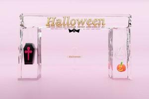 candle light in pumpkin with transparent glass coffin and geometric shapes for happy halloween ,Concept 3d illustration or 3d render photo