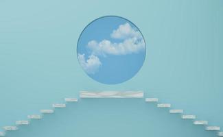 stair marble with geometric shapes and window in sky blue pastel composition for modern stage display and minimalist mockup ,abstract showcase background ,Concept 3d illustration or 3d render photo