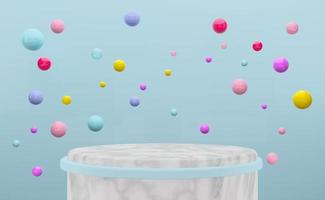 Podium empty with geometric shapes and colorful balls in sky blue pastel composition for modern stage display and minimalist mockup ,abstract showcase background ,Concept 3d illustration or 3d render photo