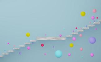 stair with geometric shapes and colorful balls in sky blue pastel composition for modern stage display and minimalist mockup ,abstract showcase background ,Concept 3d illustration or 3d render photo