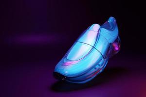 ilustración 3d zapatillas de deporte masivas brillantes con sujetadores en tonos azules se representan sobre un fondo monocromo. un par de zapatillas deportivas nuevas foto