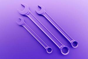 3D illustration of a   purple wrench  hand tool isolated on a monocrome background. 3D render and illustration of repair and installation tool photo