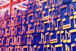 Musical notes lined up in even rows against the backdrop of the National Flag of  New Zealand. The concept of the national anthem, music. 3D illustration photo