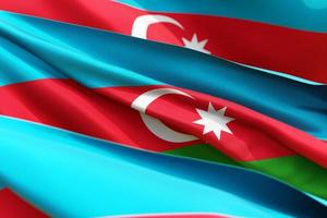 The national flag of Azerbaidjan from textiles close up in three versions, soft focus photo