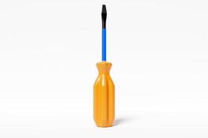 3D illustration of a screwdriver with a yellow handle in cartoon style on a white isolated background. Hand carpentry tool for DIY shop. photo