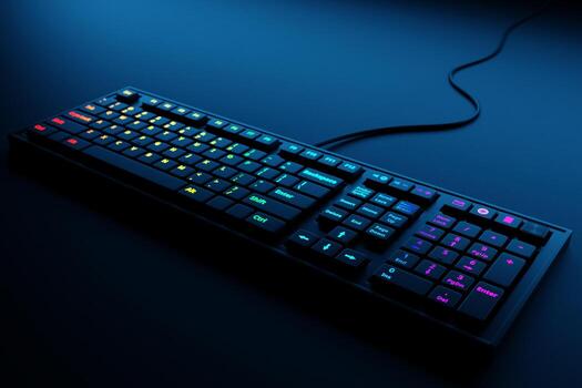 teclado rgb de computadora sobre fondo negro. Representación 3d del equipo de transmisión y el concepto de espacio de trabajo del jugador foto