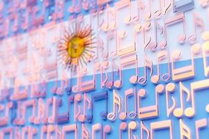 Musical notes lined up in even rows against the backdrop of the National Flag of  Argentina . The concept of the national anthem, music photo