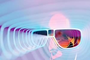 Black model of a man in realistic sunglasses under pink blue neon light, 3d illustration photo