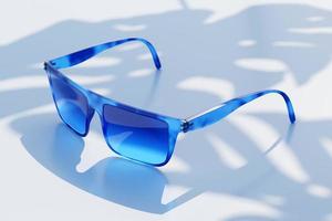 3d illustration of realistic blue sunglasses with shadows on a  monocrome  backdrop photo