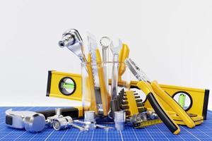Construction tool shop service concept. set of all tools for home repair builder on a white background. 3d illustration photo