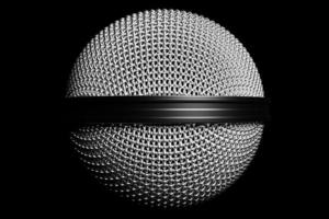 Ilustración 3d cerca de un micrófono de metal sobre un fondo negro foto