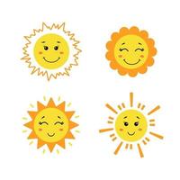 Set of cute hand drawn sun. Yellow funny suns with different emotions isolated on white background. Vector childish illustration in flat cartoon style
