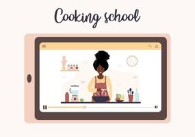 escuela de cocina. clase magistral culinaria en línea. niña africana preparando comidas caseras para el almuerzo o la cena. el chef enseña a cocinar. aprendiendo en casa. ilustración vectorial de dibujos animados plana. vector