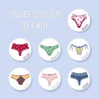 Modern female panties collection for week. Cute colorful weekly knickers with bows and lace. Trendy undergarments. Vintage vector illustration in flat cartoon style. Suitable for logo, icon, banner