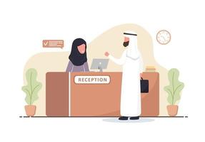 Reception interior. Arabic woman receptionist in hijab. Arab man at reception desk. Hotel booking, clinic, airport registration, bank or office reception concept. Cartoon flat vector illustration.