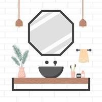 Modern bathroom interior in scandinavian style. Cozy contemporary white room with mirror and black sink on a wooden shelf. vector